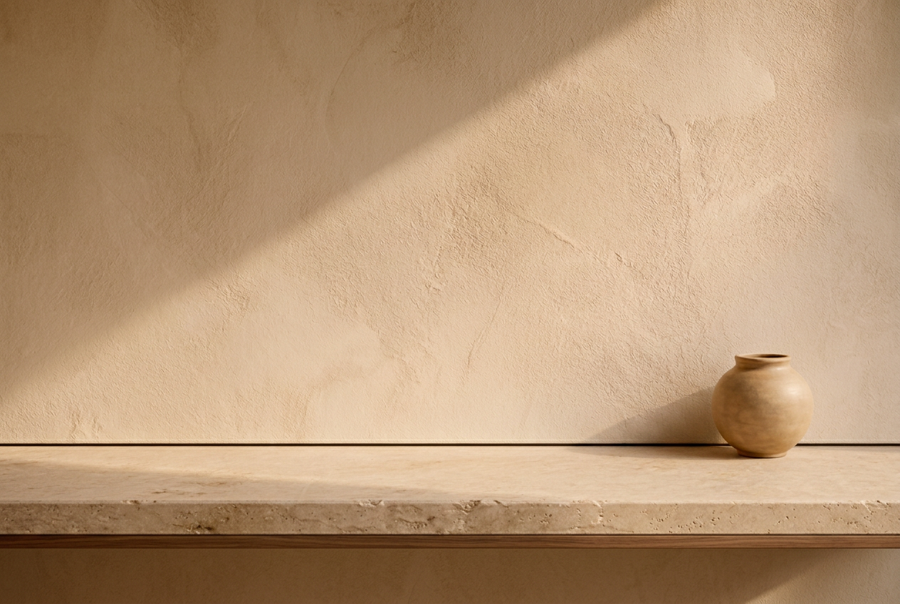 Plaster wall meeting a honed stone ledge