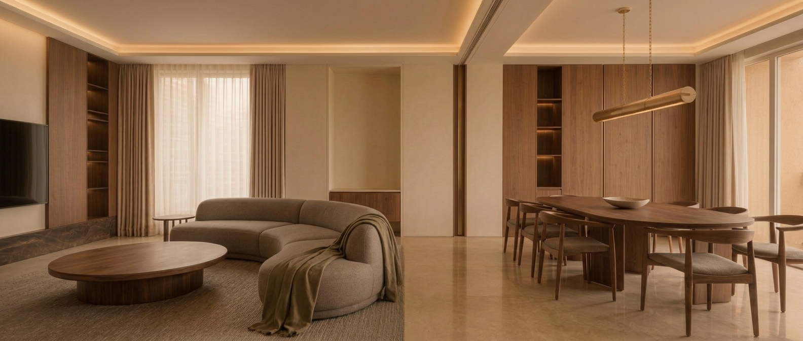Open-plan living and dining interior in oak, travertine and warm ivory
