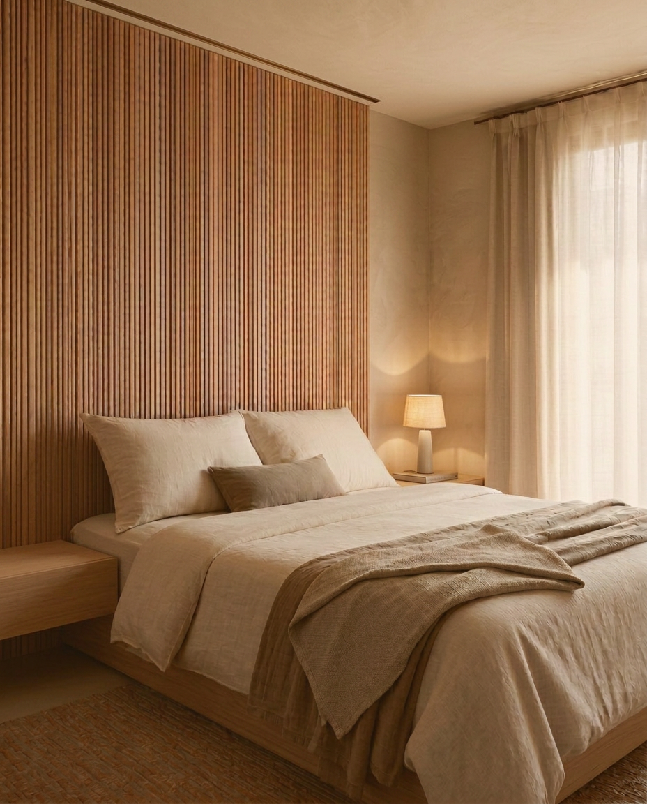 Quiet bedroom in linen tones with a slim ceramic bedside lamp